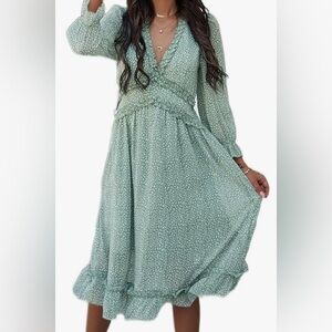 NWOT Green & White Empire Waisted Ruffle Hem Sheer Sleeved Dress